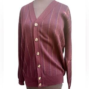 Vtg 80s Burgundy Striped Wool Preppy Relaxed Grandpa Cardigan M